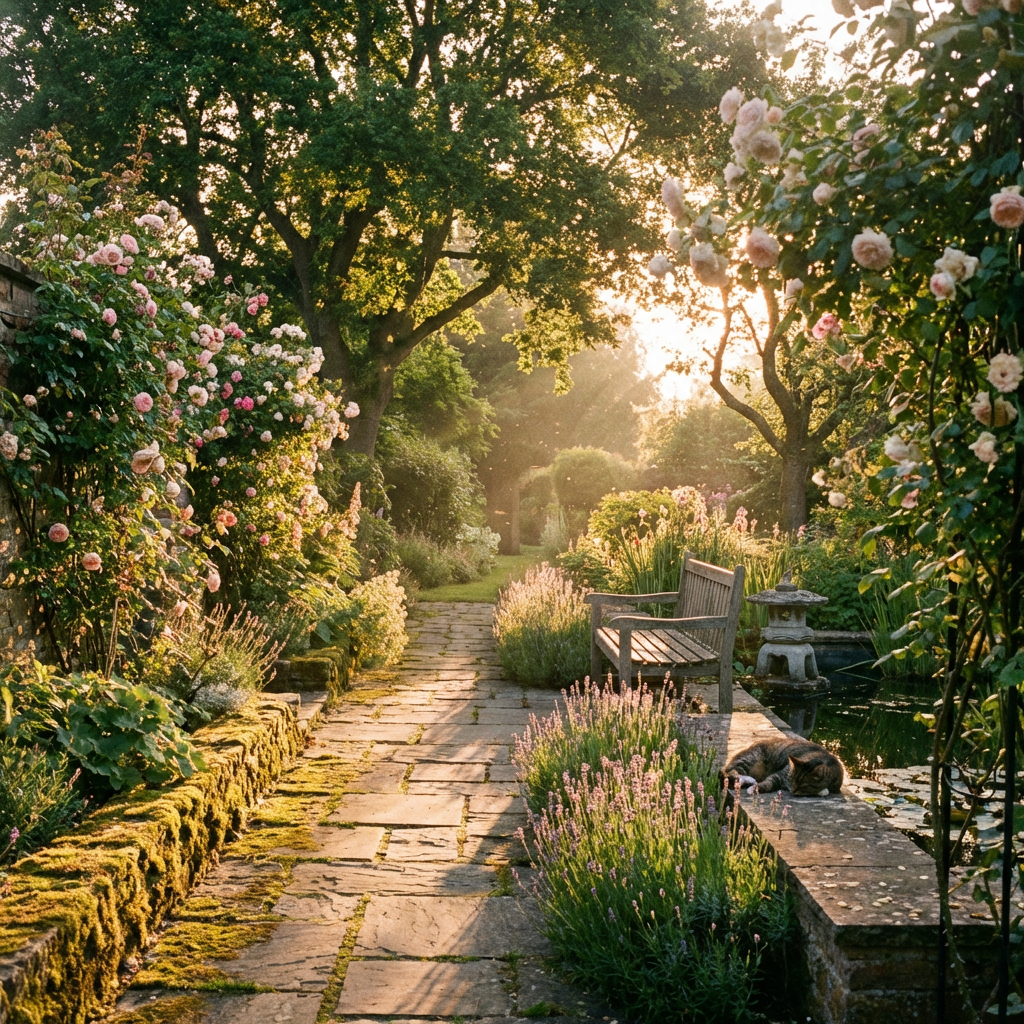 A sun-drenched stone garden path lined with pink roses, lavender, and a sleeping cat.
