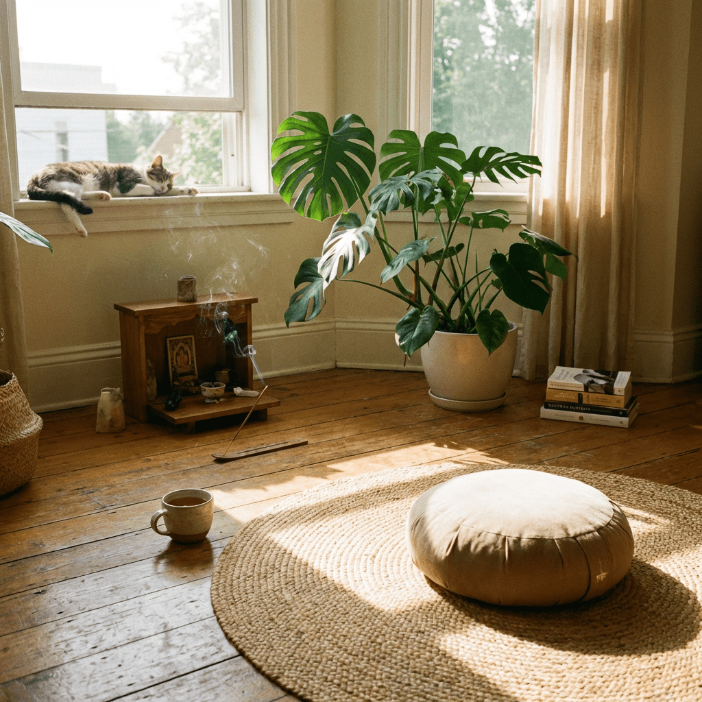 Meditation cushion on a jute rug in a sunlit room with plants and a sleeping cat.