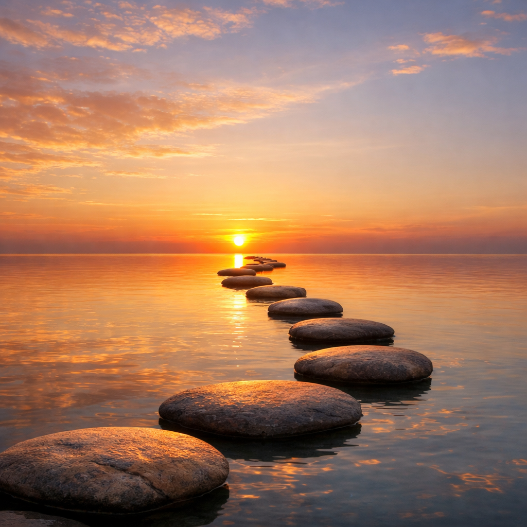 Stepping stones forming a path across calm water during sunset