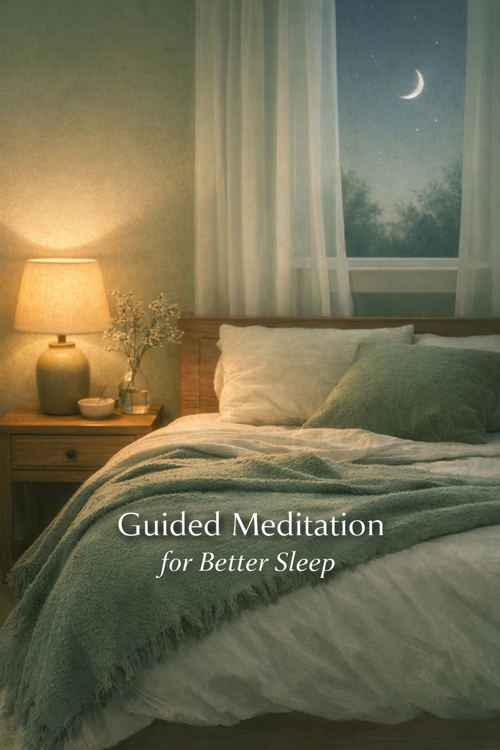 A softly lit bedroom with a sage green blanket and warm bedside lamp, moonlight filtering through sheer curtains, and the text “Guided Meditation for Better Sleep” centered at the bottom.