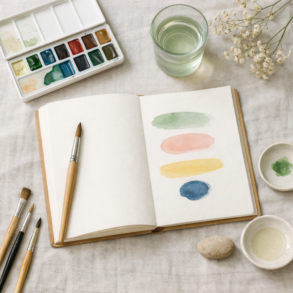 Flat‑lay of an open watercolor journal with soft green, peach, yellow, and blue brushstrokes on textured linen, surrounded by brushes, palette, and dried flowers — representing a mindful weekly color‑diary ritual.