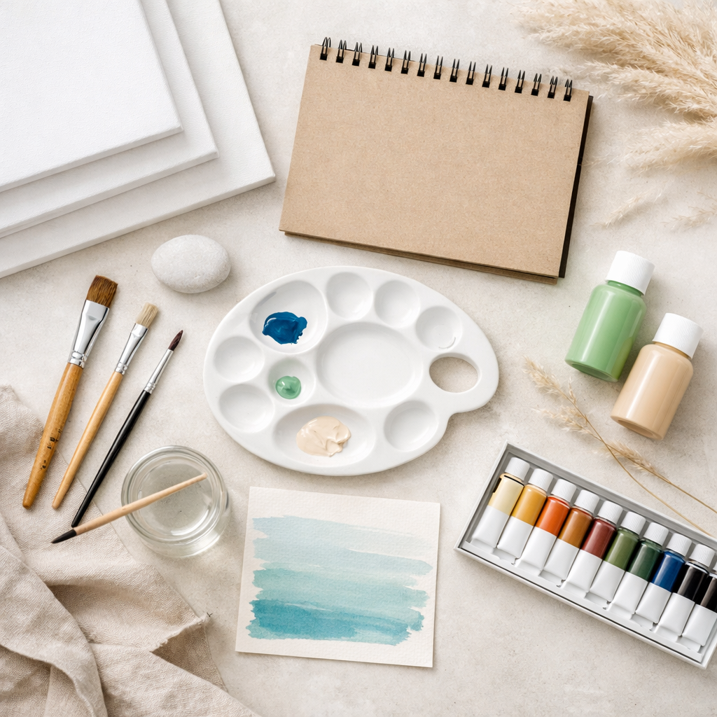 Soft, neutral palette — cream, beige, sage, and muted blues Art supplies — paintbrushes, canvas, sketchbook, acrylic paint set, ceramic palette, and a glass water jar Organic touches — dried pampas grass, a linen cloth, and a smooth white stone for that slow-living feel Bird's-eye flat lay — clean, uncluttered, and intentional