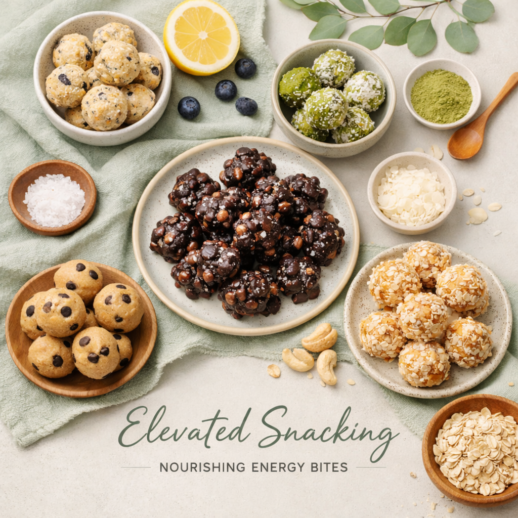 “Flatlay of six healthy energy bite recipes arranged on a soft sage‑green linen cloth with natural light, including dark chocolate chickpea clusters, lemon‑blueberry cashew bites, matcha pistachio balls, almond butter cookie dough bites, toasted coconut macadamia bites, and pumpkin spice walnut crunch bites.”