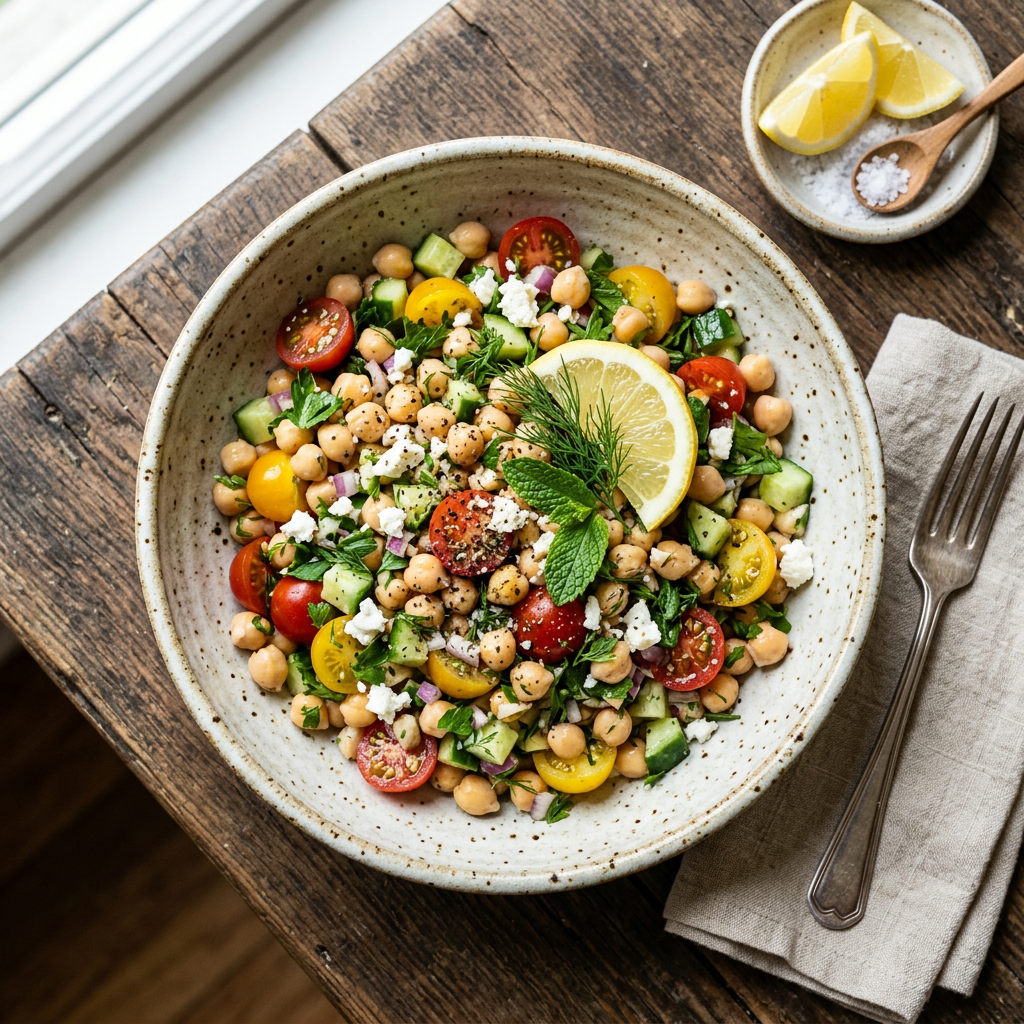 Chickpea salad with cherry tomatoes, cucumber, feta, herbs, and lemon slice in a rustic bowl