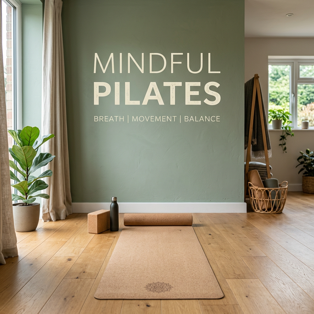 Pilates mat, cork block, water bottle, and wall text emphasizing mindful Pilates