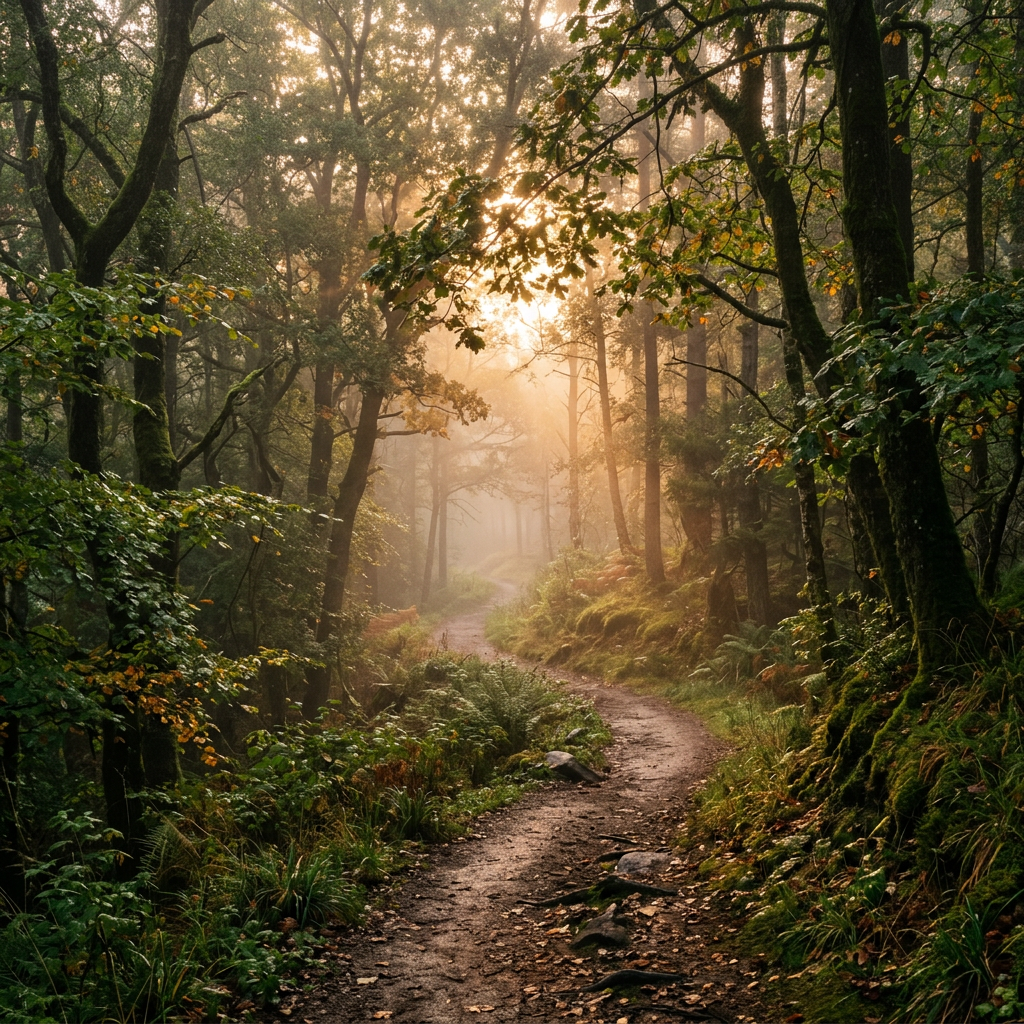 A dirt path winding through a lush green forest with sunlight filtering through trees