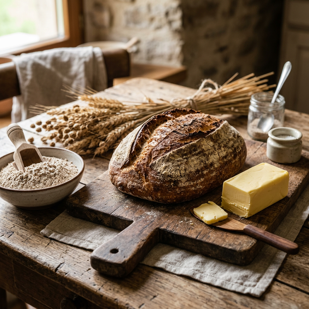 Rustic sourdough loaf with butter, flour, grain, and coffee on a wooden table