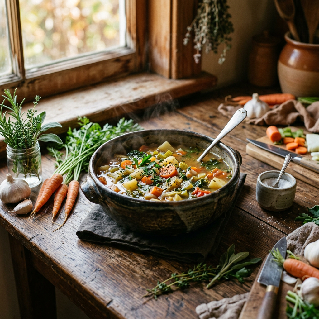 Steaming bowl of vegetable soup surrounded by fresh vegetables and herbs