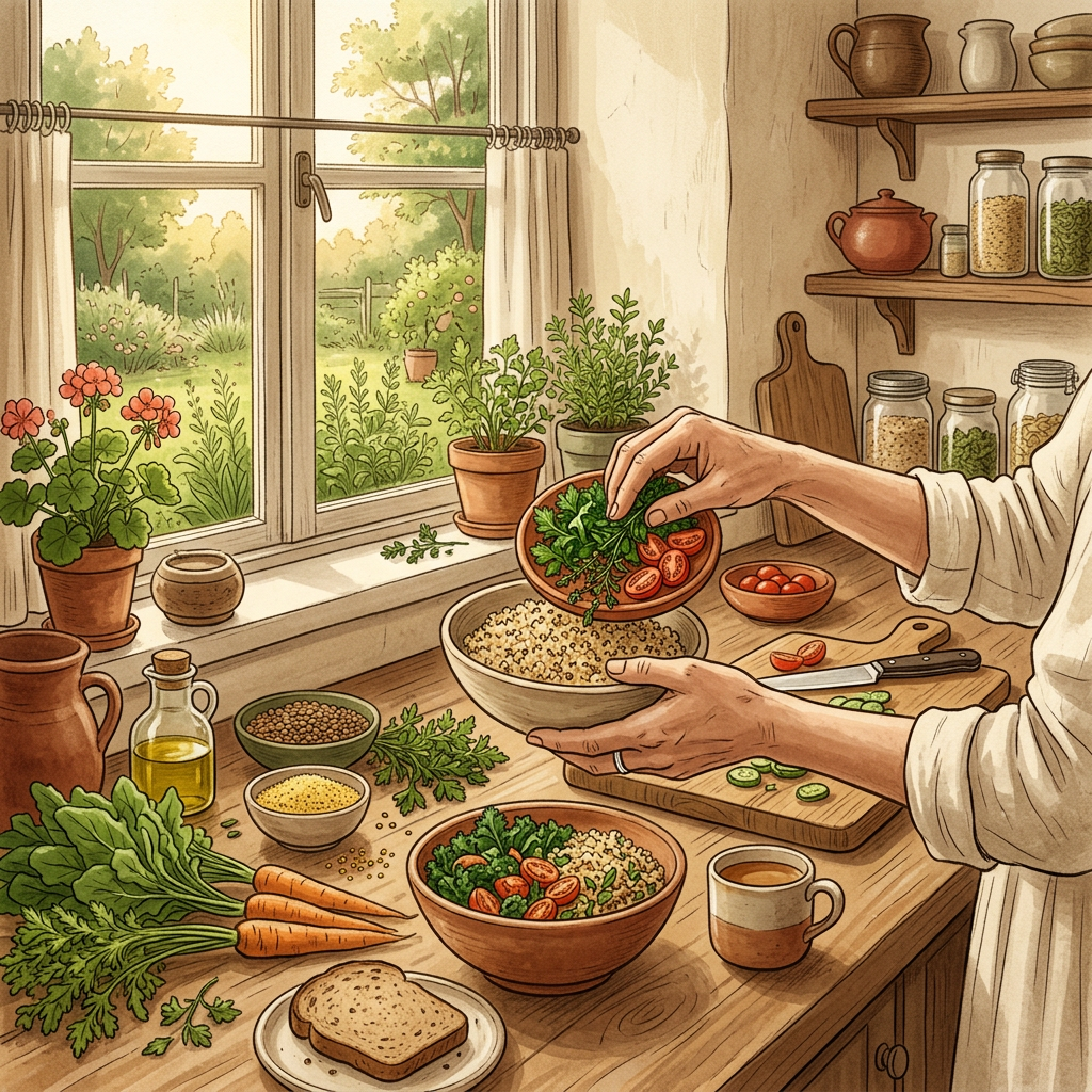 Person preparing a grain bowl with vegetables and fresh herbs in a kitchen