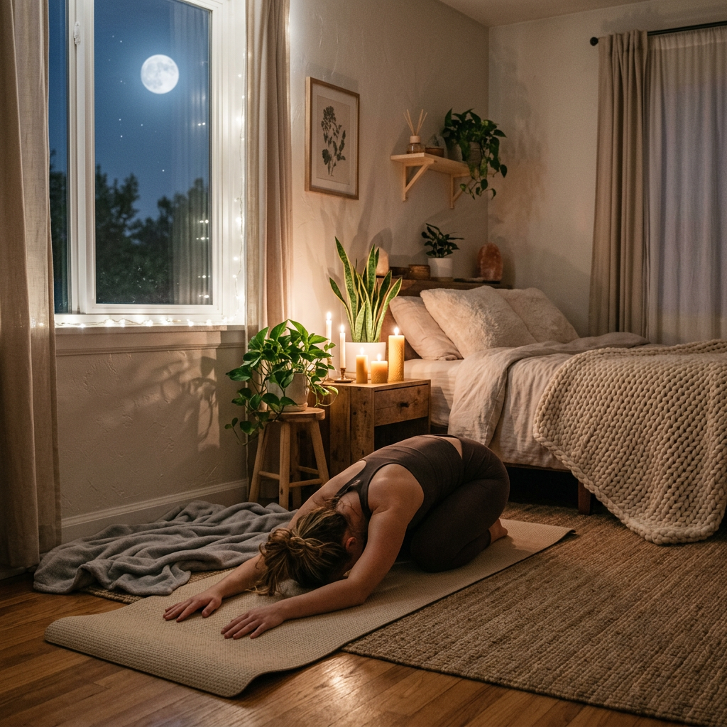 Woman practicing child’s pose on a yoga mat in a candlelit bedroom