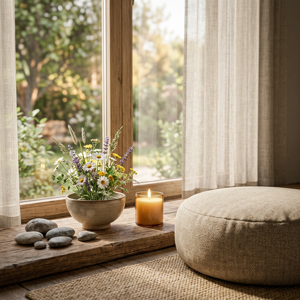 Wellness still life beside a sunlit meditation cushion