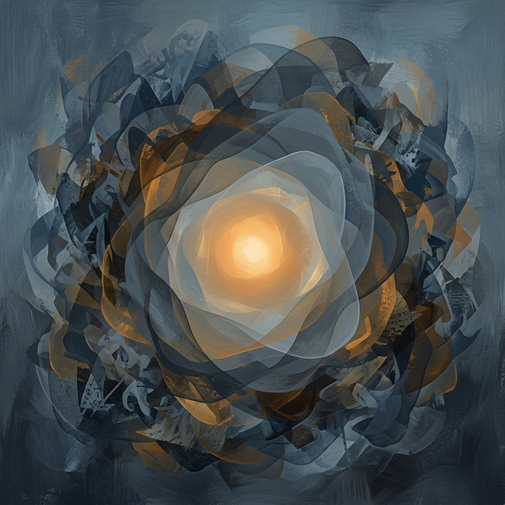 Abstract blue-gray and amber forms surrounding a glowing golden center