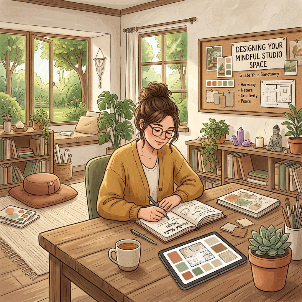 Woman sketching a mindful studio design beside plants and a mood board