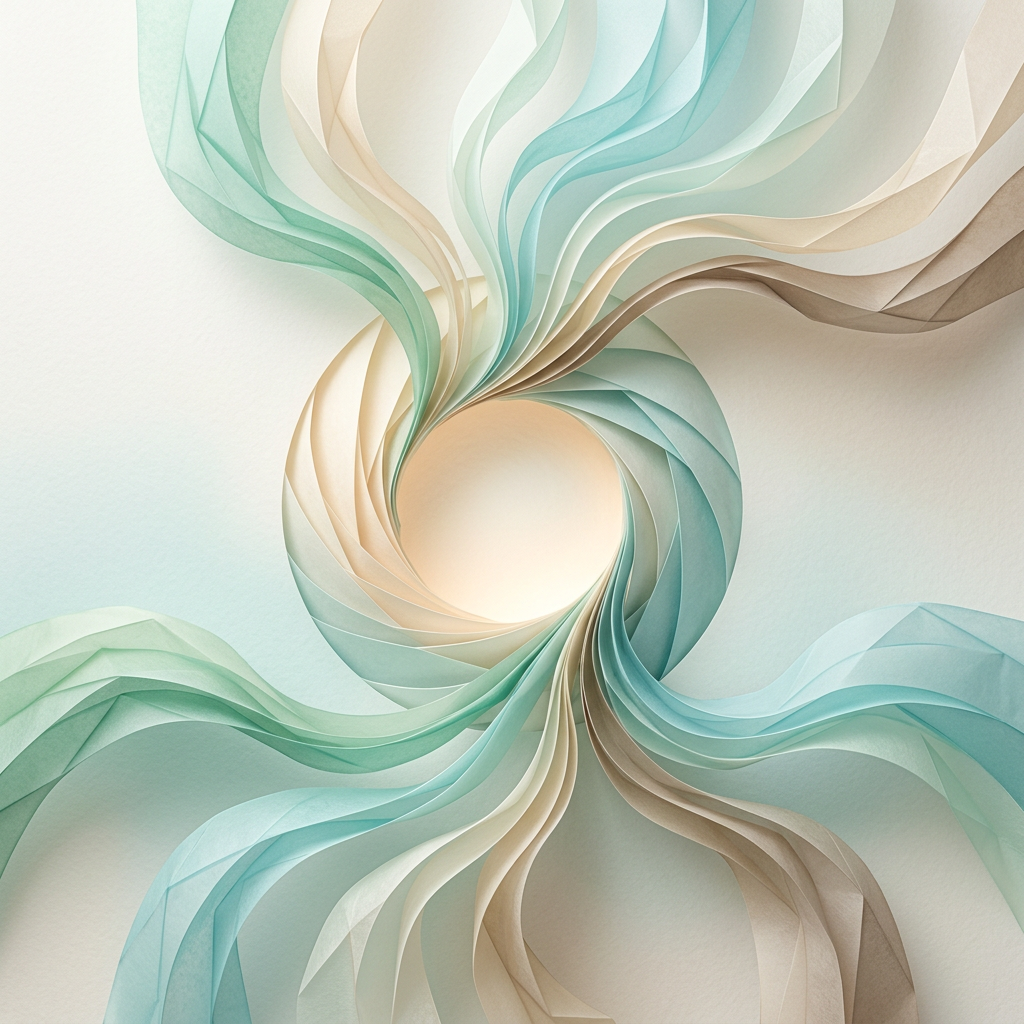 Abstract pastel ribbons forming a luminous central spiral
